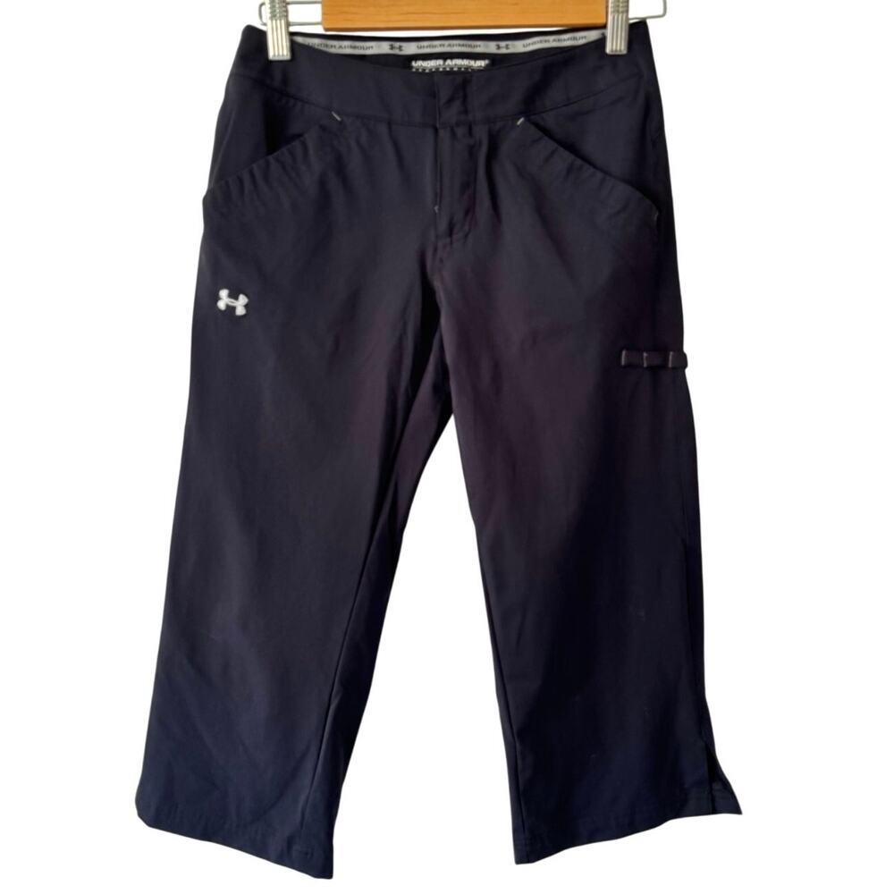 Under Armour Women’s 2 Capri Pants Black Wide Leg Stretch Activewear Pockets EUC